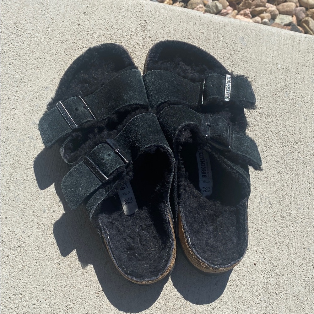 Birkenstock Black Furry Double Buckle Slide - Picture 3 of 11